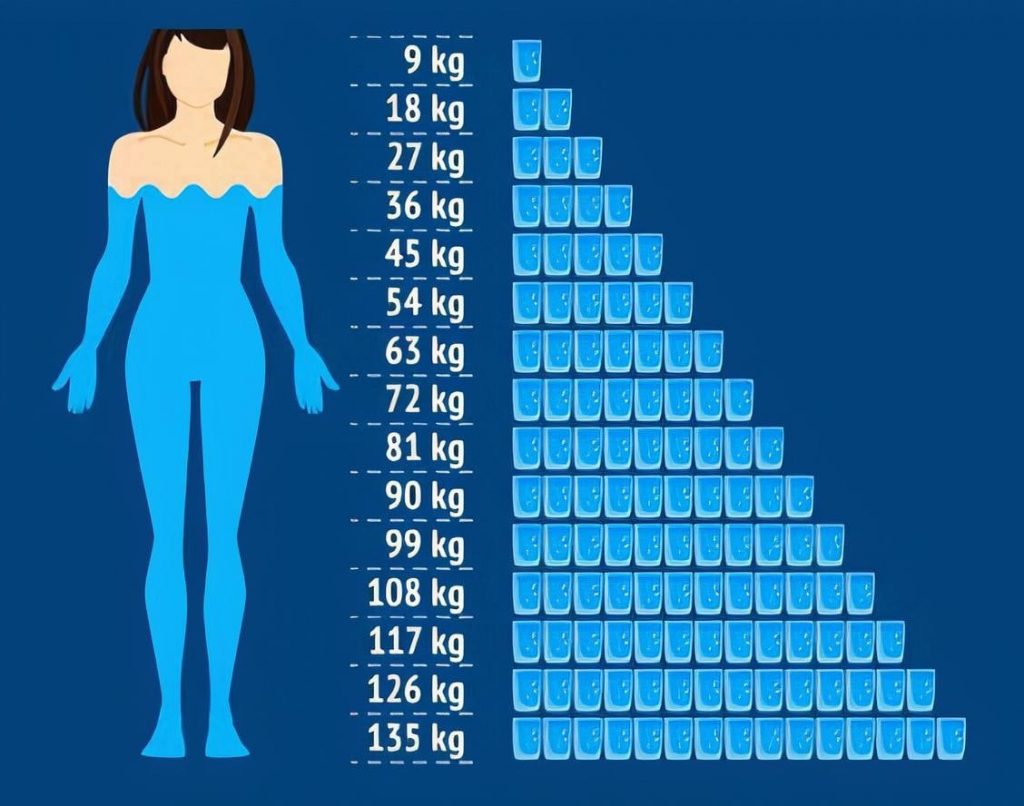 visual representation of weight gain in the form of blue cubes, each labeled with a weight in kilograms, starting from 9 kg and increasing in 9 kg increments up to 135 kg. These cubes are stacked in a staircase pattern ascending to the right. To the left of the cubes is a silhouette of a woman dressed in a blue outfit. The silhouette does not change, but the increasing number of cubes suggests the concept of weight increase or gain. This could be used for educational purposes to illustrate weight changes or for a presentation about health and body weight