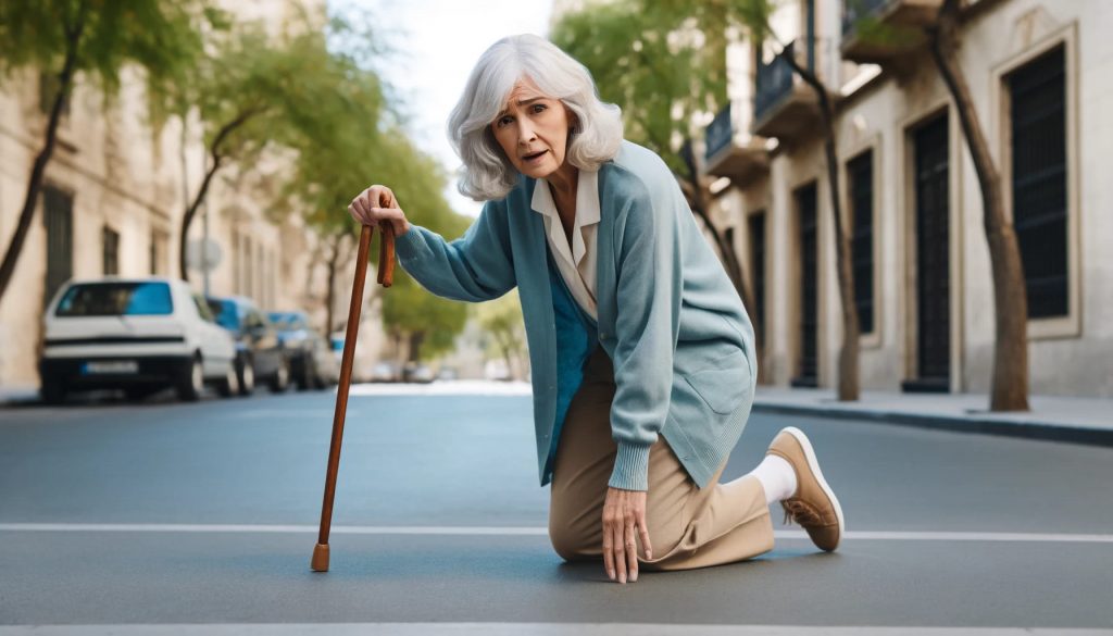 A wide image depicting an elderly woman who has suffered a minor fall on a city street. She is standing up, leaning slightly on a walking stick, showi
