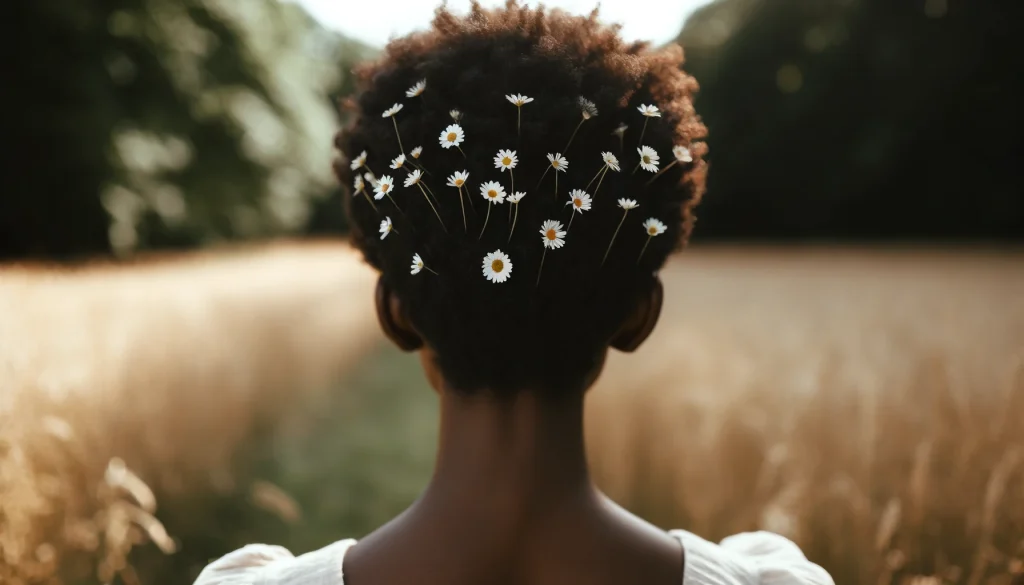 - A wide-format photograph capturing the back of the head of a mature Black woman with a lighter skin tone and subtly prominent ears, styled in a Tumblr