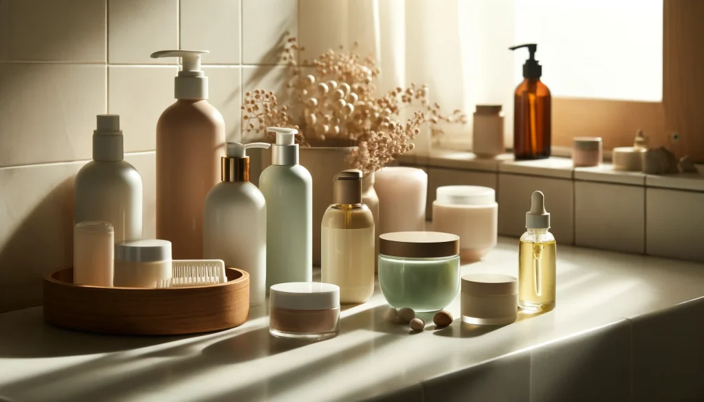 A photograph of various skincare products, such as creams and oils, neatly arranged on a bathroom counter. The scene has soft, natural lighting