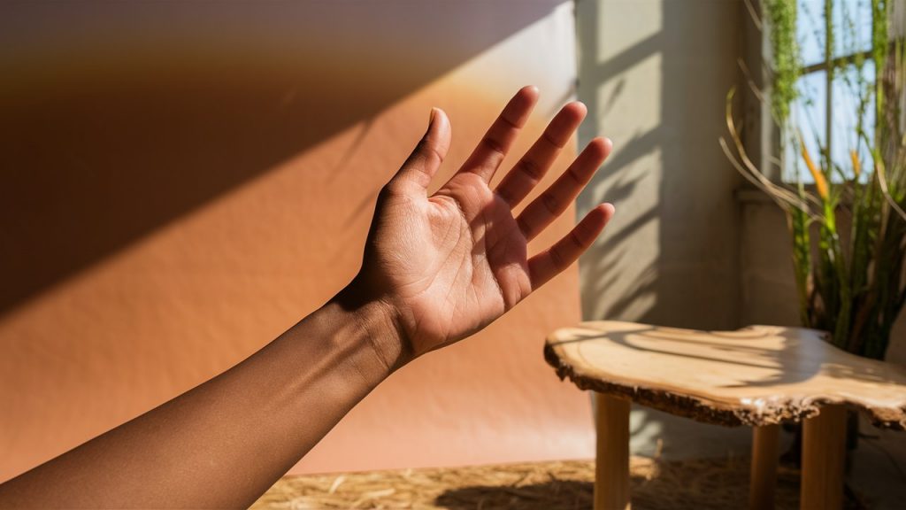 A captivating image of a hand demonstrating a tan gradient, showcasing a range of skin tones. The background is a soft gradient that transitions from a lighter tan to a darker one, creating a sense of harmony and inclusivity. The hand is positioned near a natural-looking wood table, with sunlight streaming through a nearby window, casting dappled light on the scene. The overall atmosphere of the photo is warm and inviting., photo